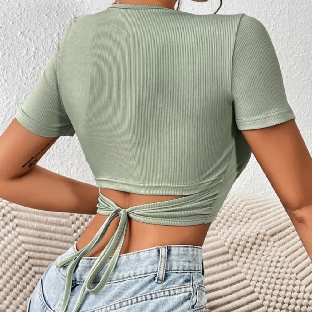 Sage Green Ribbed Tie-Back Crop Top